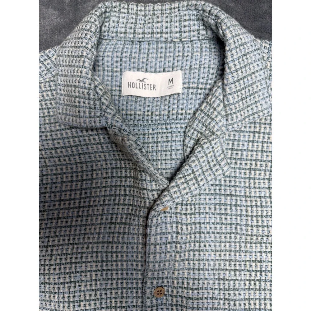 Hollister Texture Weave Blue And Green Button Down Short Sleeve Shirt Coastal M